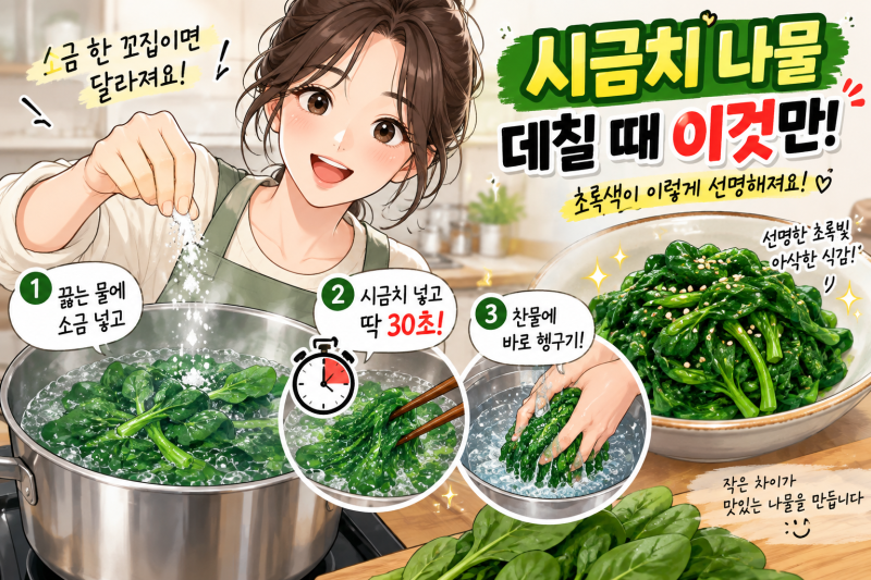 시금치 데치기 30초의 비밀! 초록색 살리는 소금 꿀팁