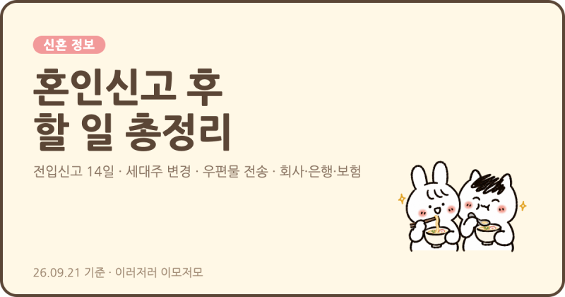 [신혼 정보] 혼인신고 후 할 일 총정리 (전입신고 14일, 세대주 변경, 우편물 전송, 회사·은행....