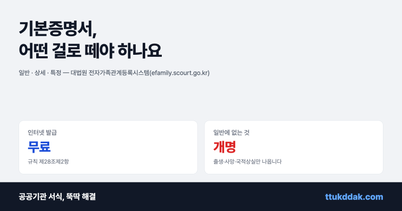 기본증명서 인터넷발급 방법 (일반·상세·특정 차이 · 개명 확인은 어떤 걸로 · 수수료 무료....
