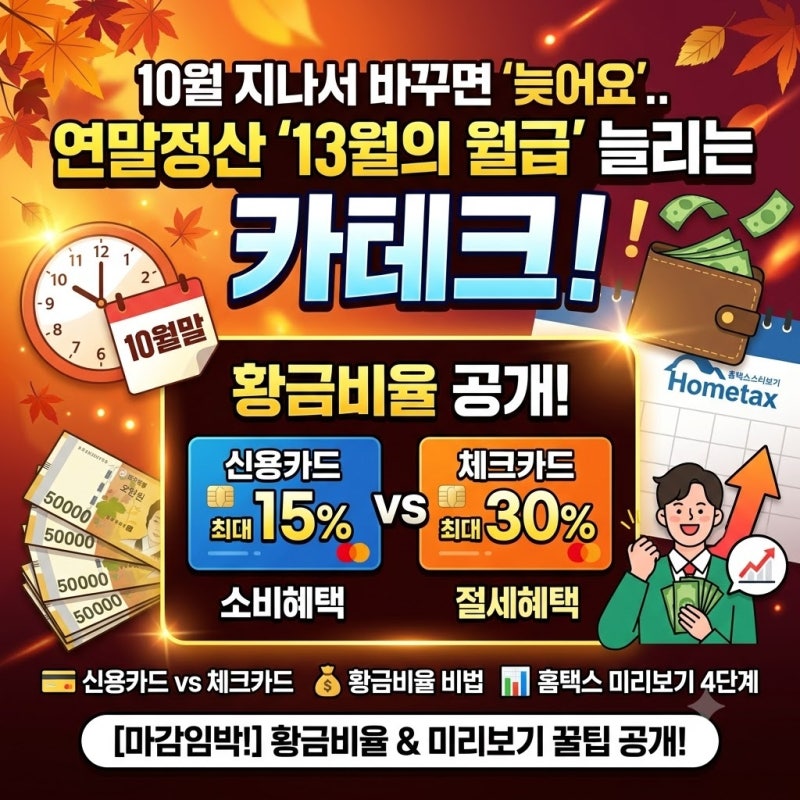 10월 지나서 바꾸면 늦어요..연말정산 13월의 월급 늘리는 카테크｜신용카드 vs 체크카드 황금....