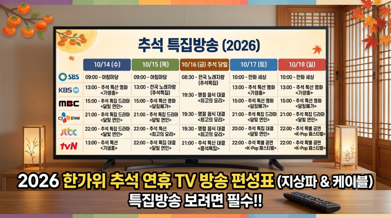 2026년 추석 연휴 TV 방송 종합 편성표 (지상파 & 케이블) 특집방송 보려면 필수!!