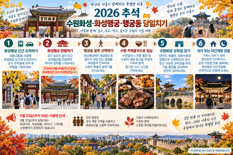 추석 수원 가볼만한곳｜화성행궁 무료개방·수원화성·행궁동 당일치기