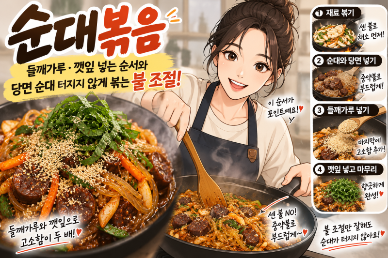 순대볶음 들깨가루 깻잎 순서와 당면 순대 안 터지게 볶는 불조절 비법