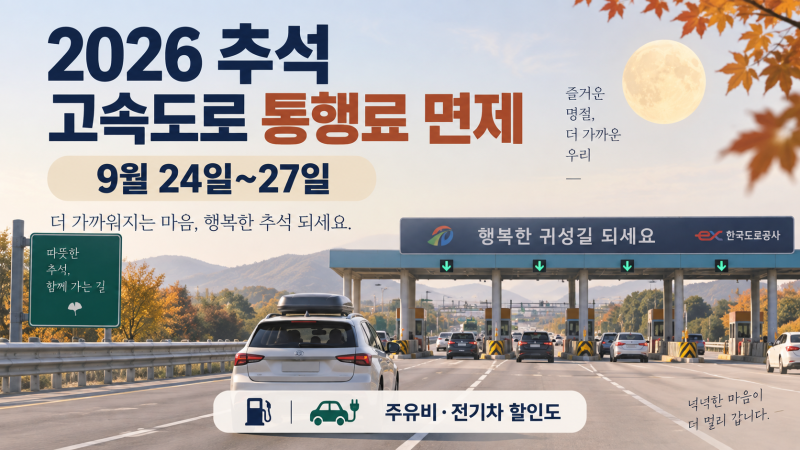 2026 추석 고속도로 통행료 면제 9월 24~27일 무료 + 주유비·전기차 충전 할인