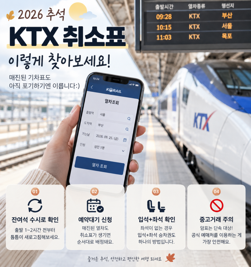 2026 추석 KTX 취소표 풀리는 시간｜매진 기차표 잔여석 예매 방법