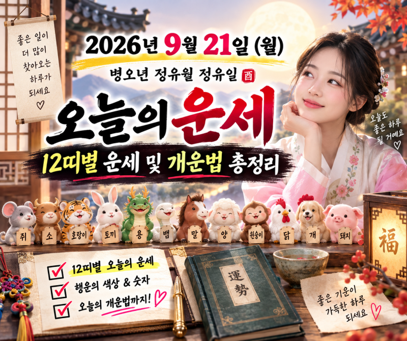 2026년 9월 21일 월요일 오늘의 운세｜병오년 정유월 정유일 12띠별 운세 및 개운법 총정리
