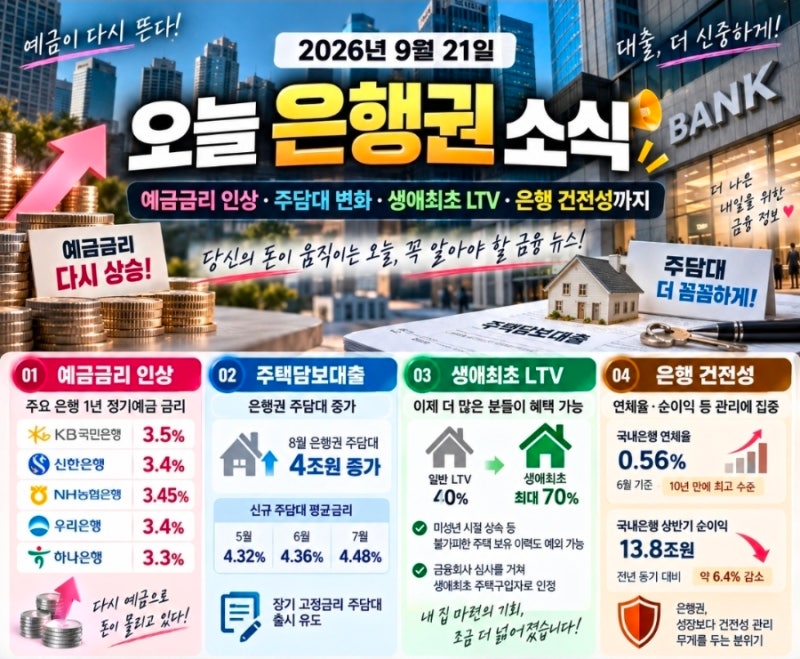 오늘 은행권 소식 예금금리 다시 오른다｜주담대·생애최초 LTV·은행 건전성까지