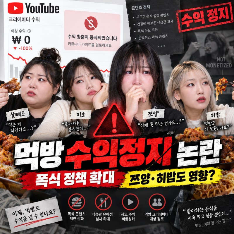 먹방 유튜버 밥줄 끊기나? 살빼조 수익 중단·미소 영상 339개 삭제