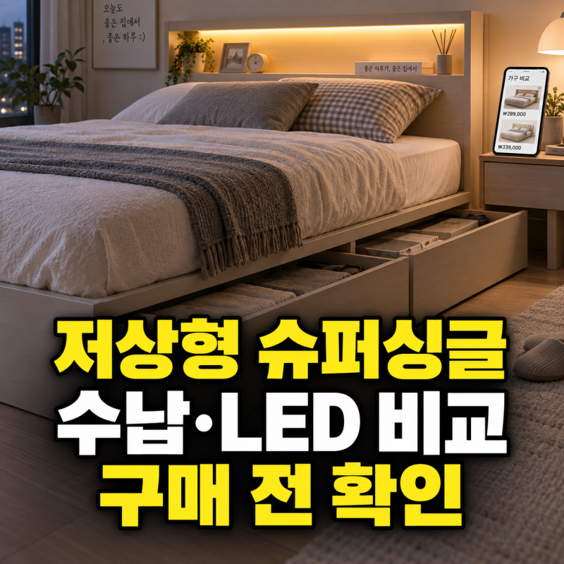 수납형 LED 헤드 포함 저상형 슈퍼싱글 침대 프레임 비교
