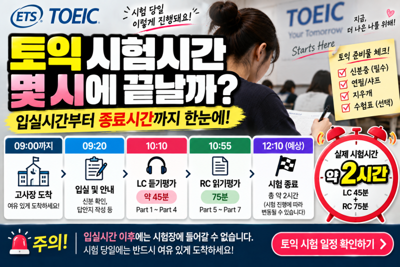 2026 토익 시험시간 총정리｜입실시간·LC RC 시간·끝나는 시간·준비물