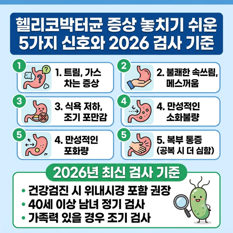 헬리코박터균 증상 놓치기 쉬운 5가지 신호와 2026 검사 기준