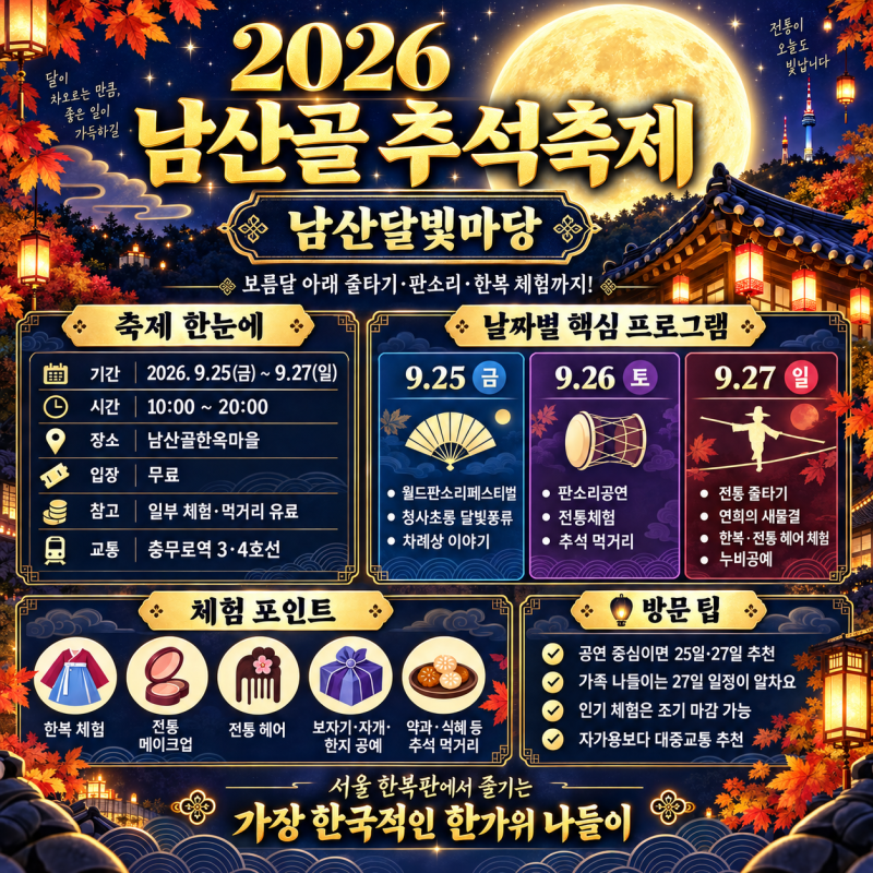 2026 남산골 추석축제 총정리｜줄타기·판소리·한복체험까지! 남산달빛마당