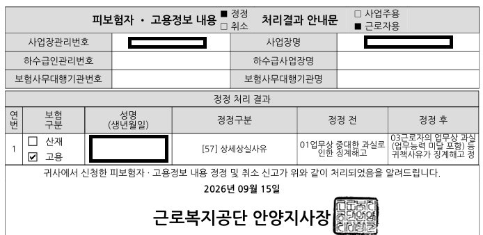 [마포노무사] 고용보험 상실신고 코드 정정에 성공한 사례
