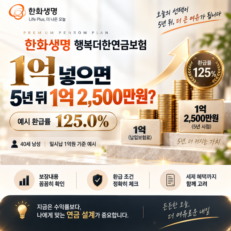 한화생명 행복더한 일시납 연금보험 | 1억 넣으면 5년뒤 1억2,500만원? 10년은?(9월21일출시)