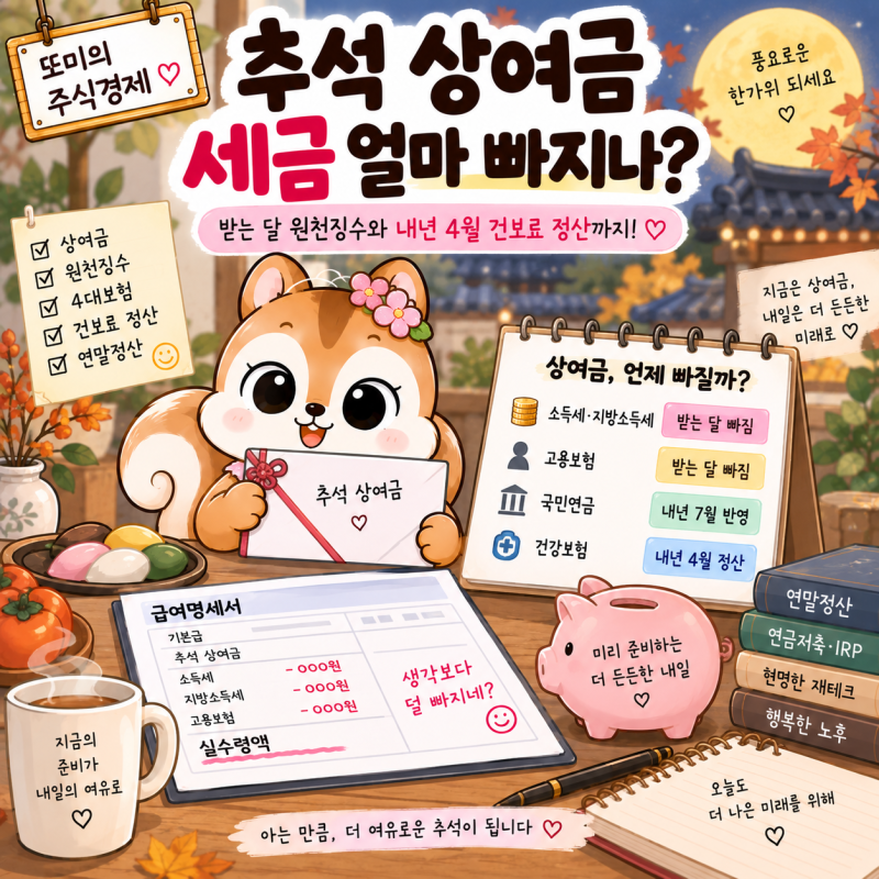 추석 상여금 세금 얼마 빠지나? 받는 달 원천징수와 내년 4월 건보료 정산까지