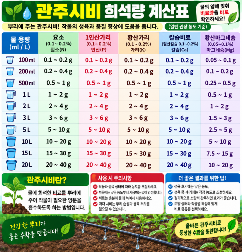 엽면시비·관주시비 비료 희석량 계산법｜물 1L·2L·5L·10L·20L에 몇 g 넣을까?