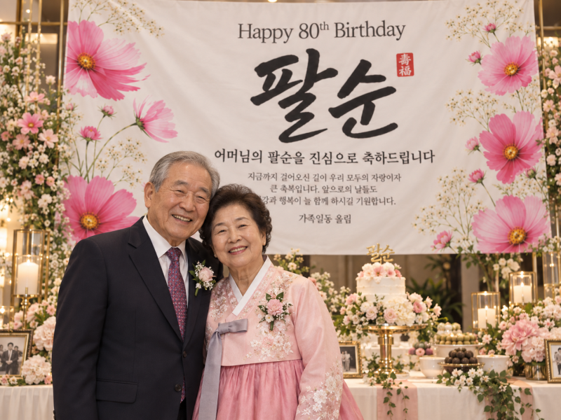 팔순잔치현수막, 엄마팔순에 가을 코스모스 디자인은 어떨까요?