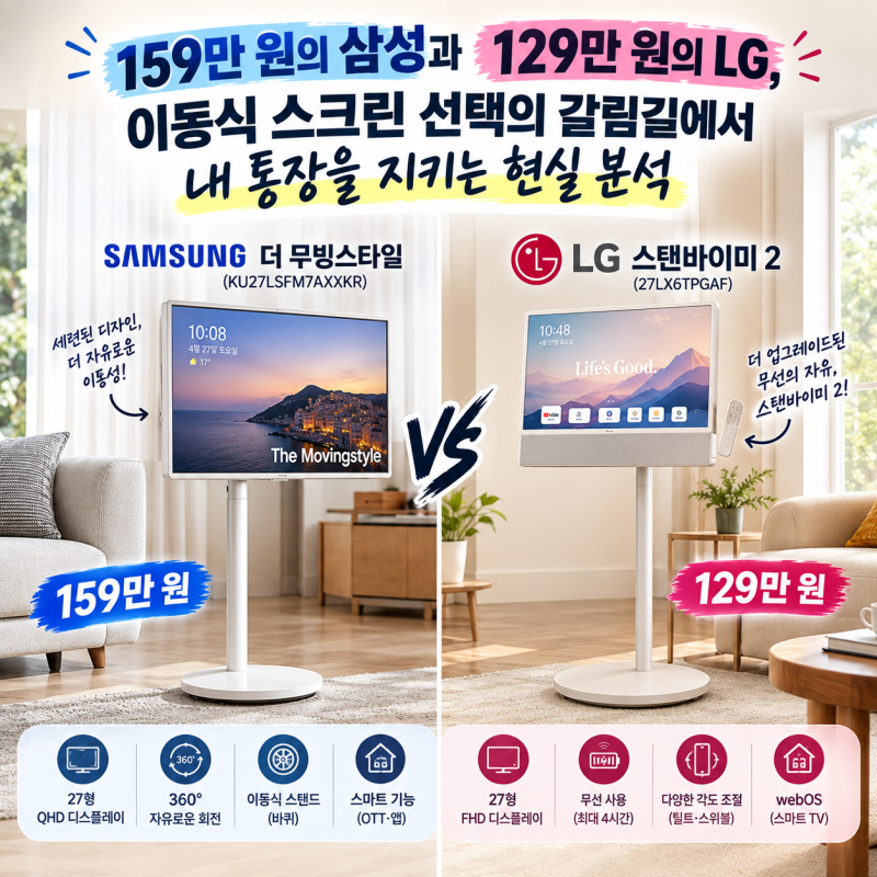 삼성전자 더 무빙스타일 KU27LSFM7AXXKR과 LG 스탠바이미 2 완벽 비교, 출고가 차이만큼 스펙 차이....