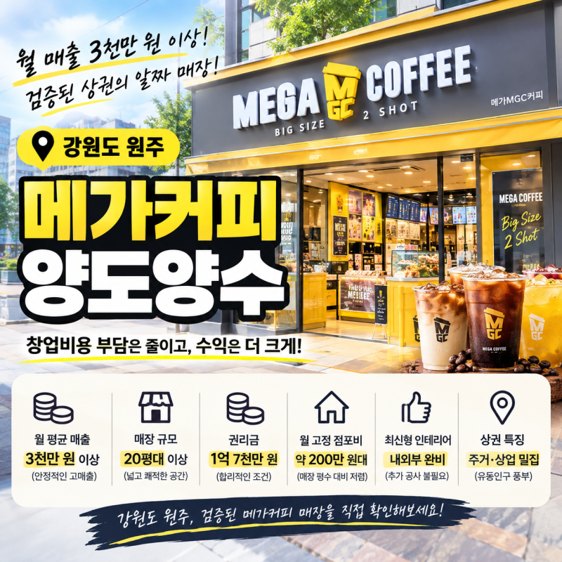 메가커피 창업, 원주 월 매출 3천만 원 이상 20평대 양도양수 매장 직접 확인해봤습니다