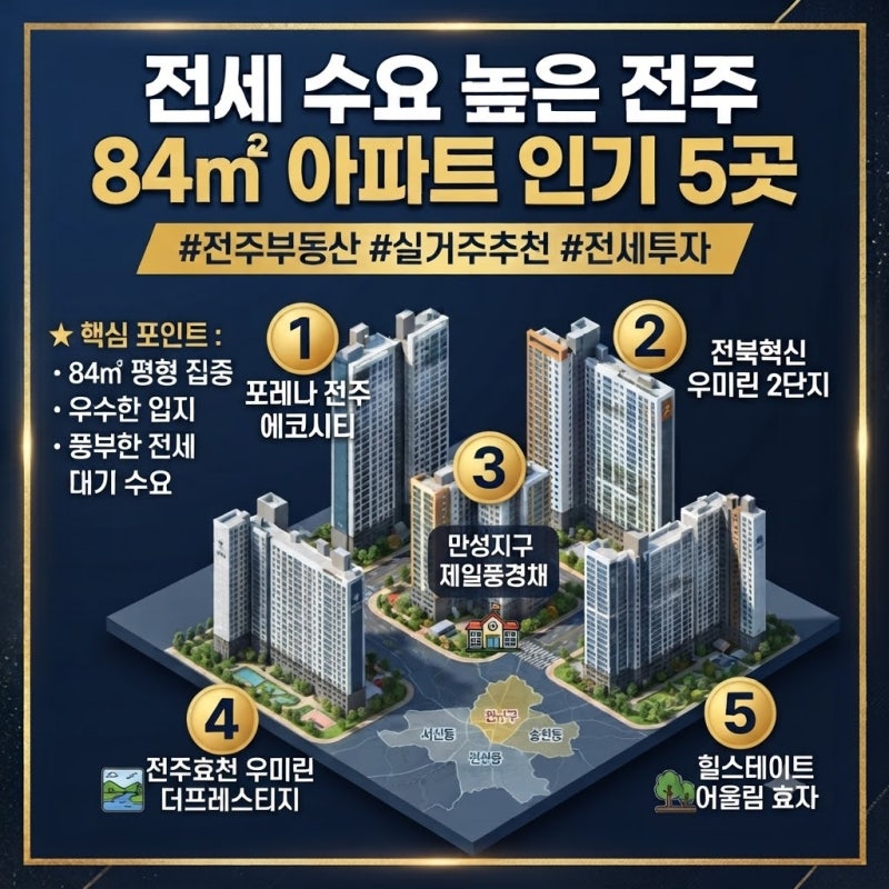 전세 수요 높은 전주 84㎡ 아파트 인기 5곳