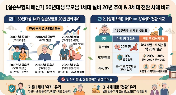 [실손의료비 보험 변경사례] 50년대생 부모님 1세대 실비 20년 추이 & 3세대 전환 사례 비교