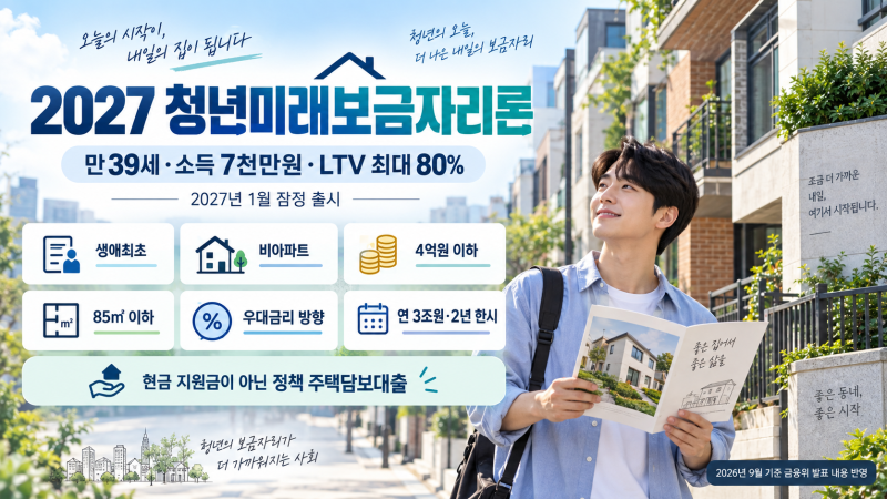 2027 청년미래보금자리론 조건｜만39세·소득 7천만원·LTV 최대 80%