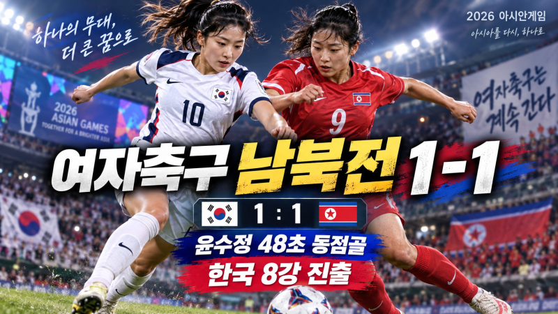 한국 여자축구 북한전 1-1 무승부｜윤수정 48초 동점골, 8강 우즈베키스탄전 일정