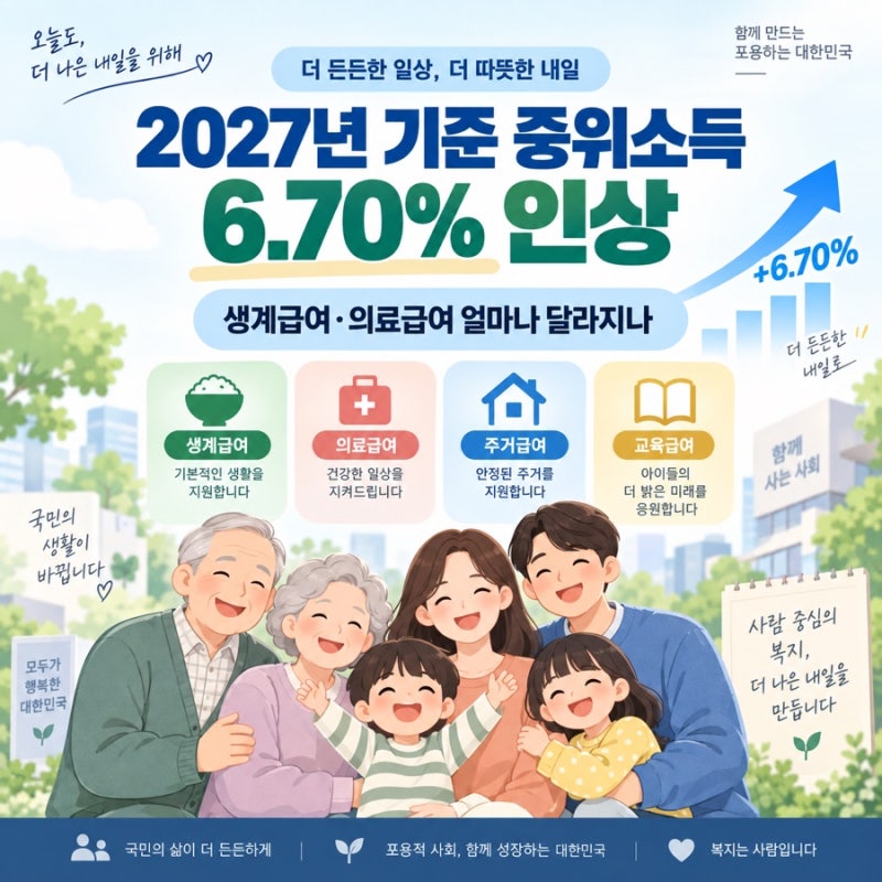 2027년 기준 중위소득 6.70% 인상｜생계급여·의료급여 얼마나 달라지나