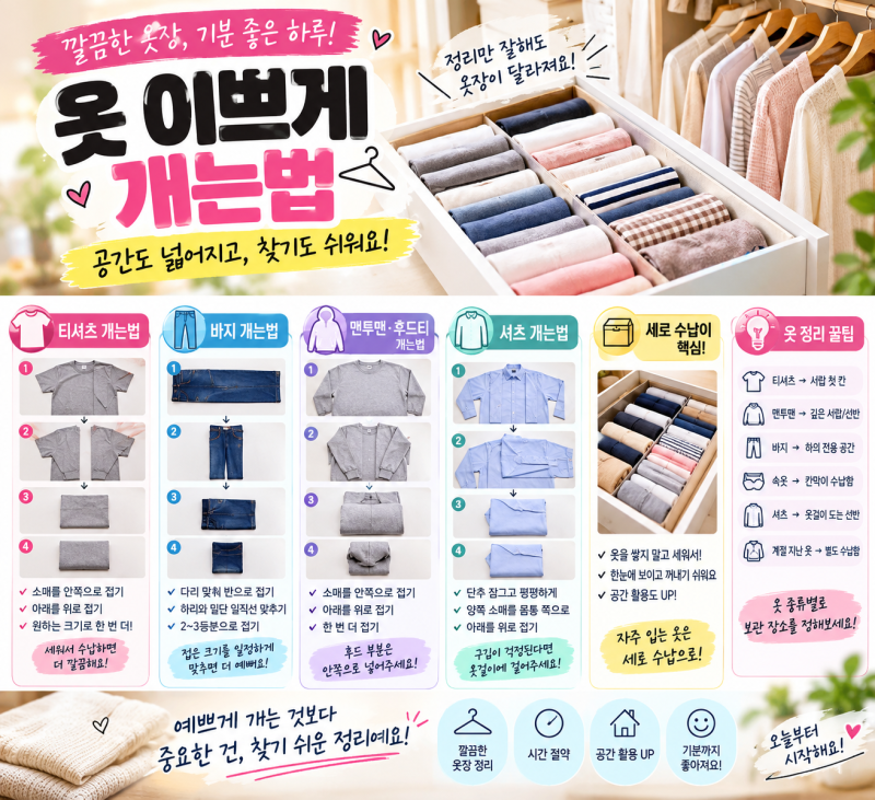 옷 이쁘게 개는법｜옷장 공간 넓어지는 깔끔한 옷 정리 꿀팁