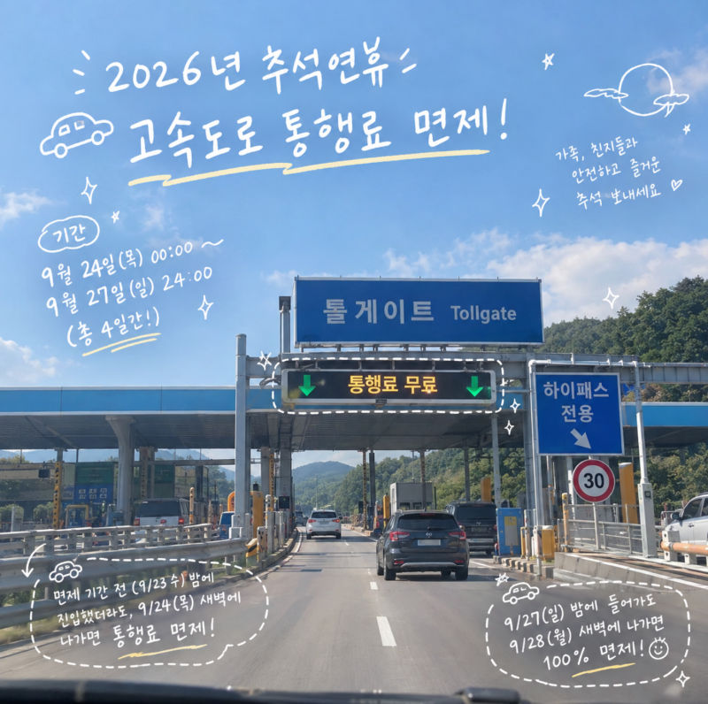 2026년 추석연휴 고속도로 통행료 면제 기간+꿀팁모음
