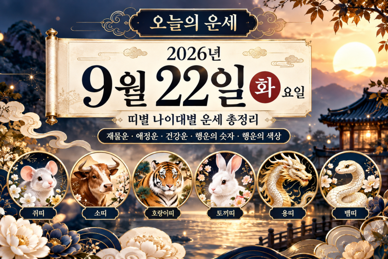 2026년 9월 22일 화요일 오늘의 운세｜쥐띠·소띠·호랑이띠·토끼띠·용띠·뱀띠 나이대별 재물....