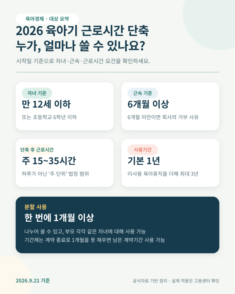 2026 육아기 근로시간 단축｜자녀 나이·급여 계산·기간·신청방법