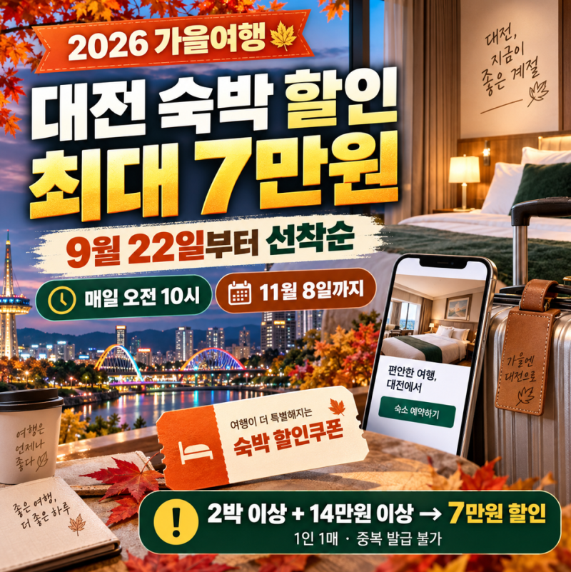 대전 숙박 할인 최대 7만원, 9월 22일부터 선착순 시작