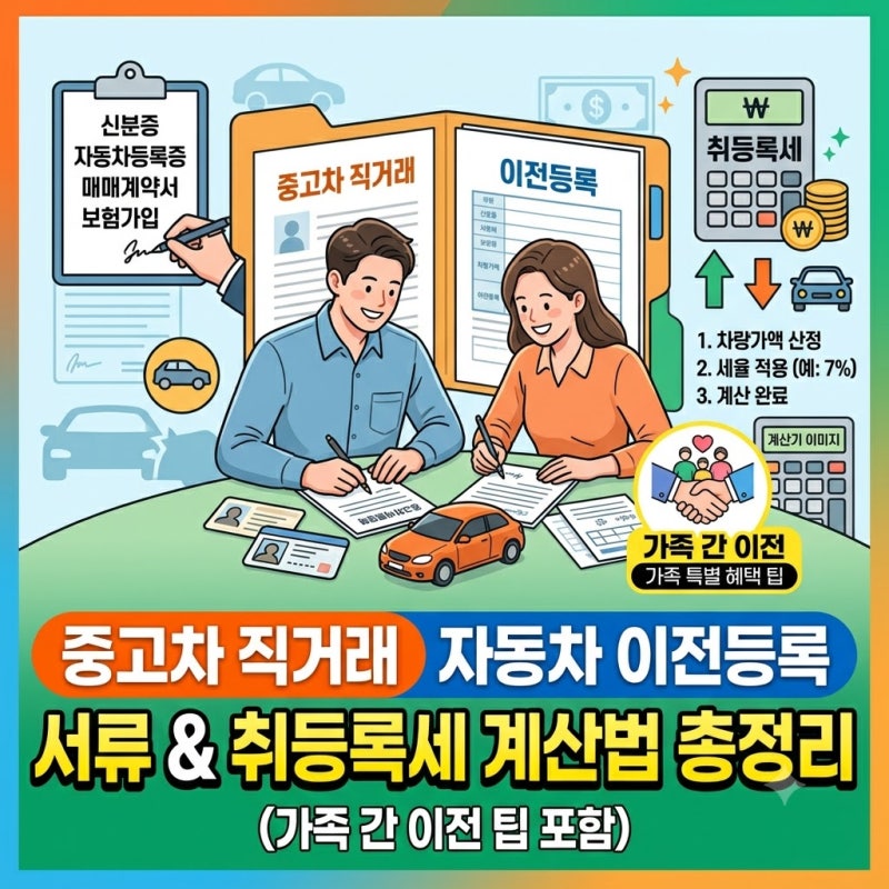 중고차 직거래 자동차 이전등록 서류 및 취등록세 계산법 총정리 (가족 간 이전 팁 포함)