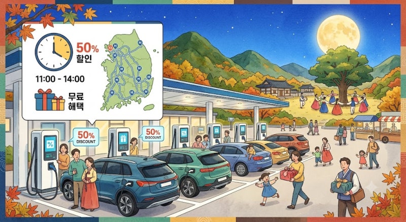 추석 연휴 전기차 충전 요금 반값 할인 총정리 (11시~14시 50% 할인·무료 혜택·고속도로 휴게....