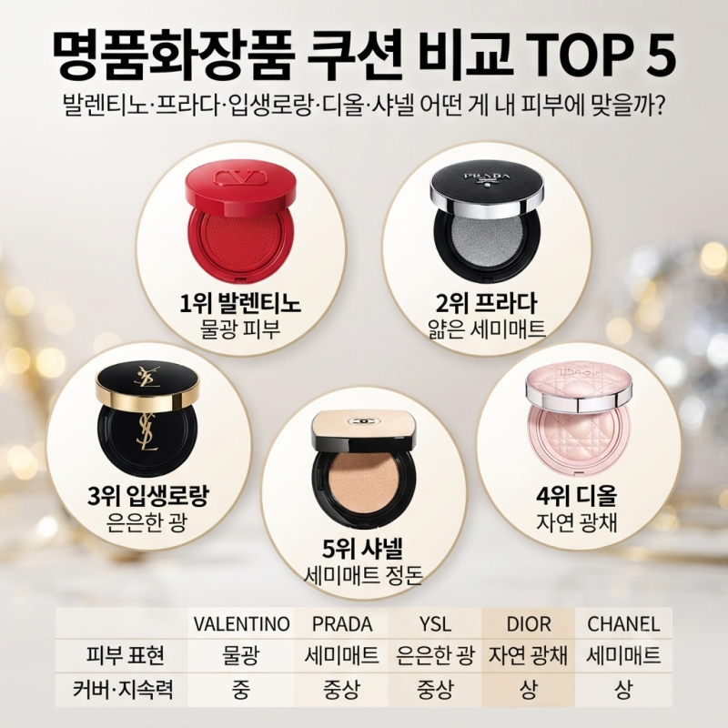 명품화장품 쿠션 비교 TOP 5 — 발렌티노·프라다·입생로랑·디올·샤넬 어떤 게 내 피부에 맞....