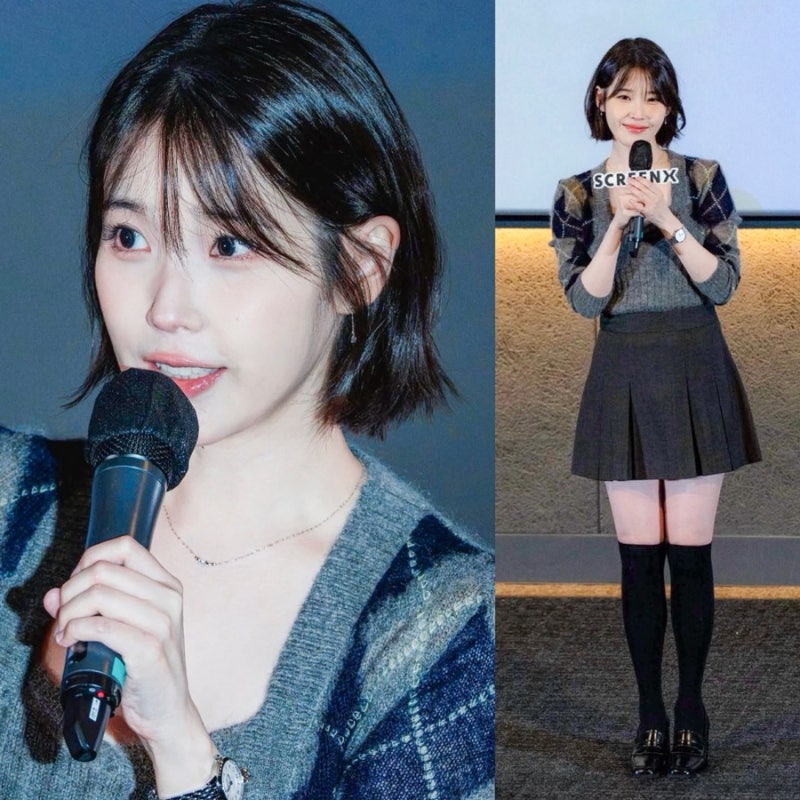 아이유 무대인사 단발 패션, 아가일 크롭 니트 가디건 어디꺼?
