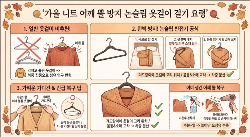 가을 니트 어깨 뿔 방지법 | 늘어남 없는 논슬립 옷걸이 걸기 요령 & 긴급 복구 팁