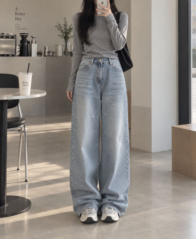 반짝반짝 포인트 주기 좋은 여성 와이드 청바지, 큐빅 데님팬츠 S~4XL