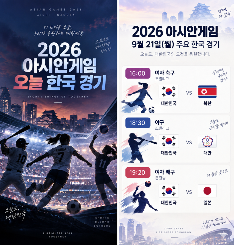 2026 아시안게임 오늘 한국 경기 일정｜9월 21일 야구·축구·배구 시간 총정리