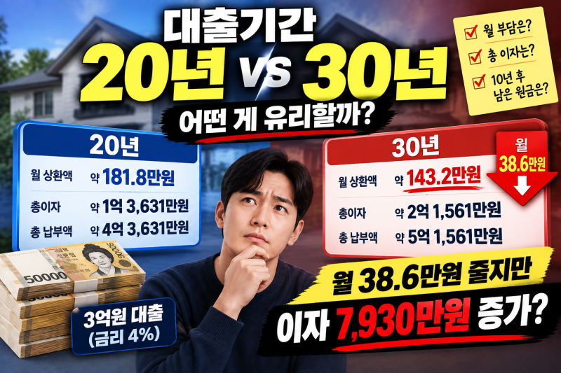 대출기간 20년 vs 30년, 월 부담은 얼마나 줄고 총이자는 얼마나 늘어날까?