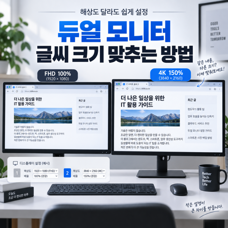 듀얼 모니터 해상도가 서로 다를 때 글씨 크기 맞추는 방법