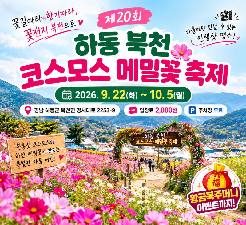 하동 북천 코스모스 메밀꽃 축제 2026｜입장료 2,000원으로 만나는 가을 꽃길, 황금복주머니 이....