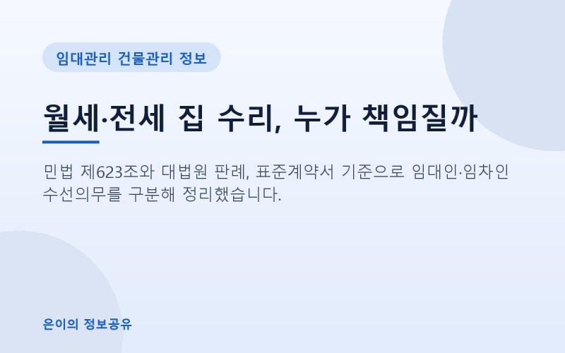월세·전세 집 수리 책임, 임대인과 임차인 수선의무 구분 기준(민법 제623조)