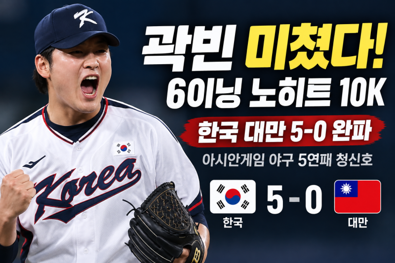 곽빈 미쳤다! 6이닝 노히트 10K…한국 대만 5-0 완파｜아시안게임 야구 5연패 청신호