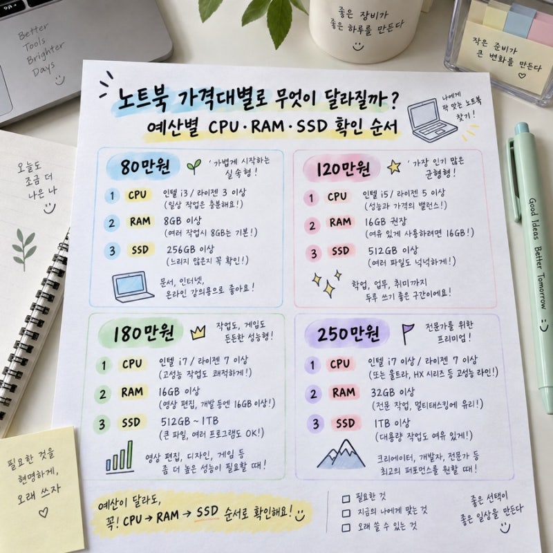노트북 예산별 추천 사양, CPU RAM SSD 어느 정도가 적당할까