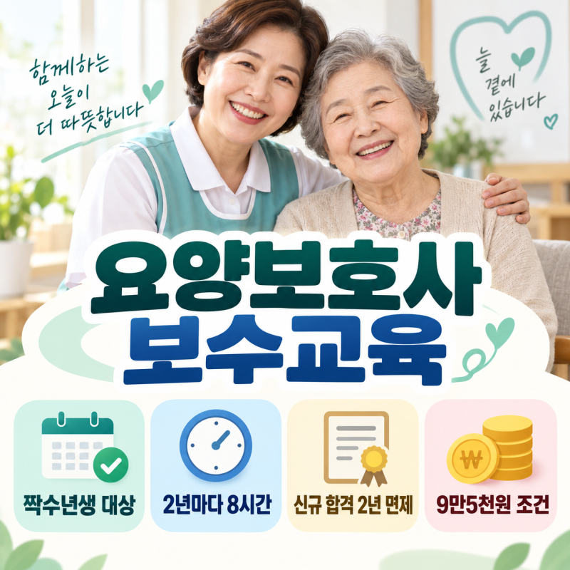 2026 요양보호사 보수교육 총정리｜짝수년생 대상·2년마다 8시간·신규 합격 2년 면제·9만5천....