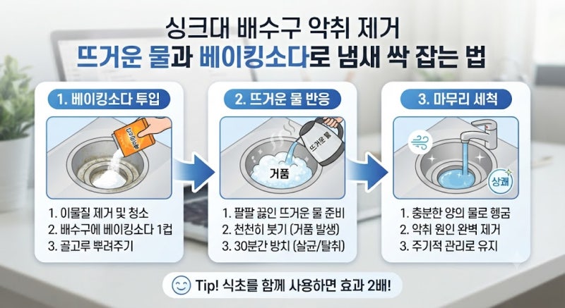 싱크대 배수구 악취 제거, 뜨거운 물과 베이킹소다로 냄새 싹 잡는 법