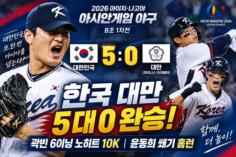 2026 아시안게임 야구 한국 대만 결과 5대0 완승｜곽빈 6이닝 노히트 10K·윤동희 홈런