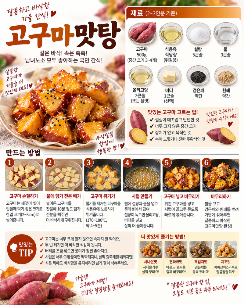 고구마맛탕 만들기, 겉은 바삭 속은 촉촉! 실패 없는 달콤한 간식 레시피